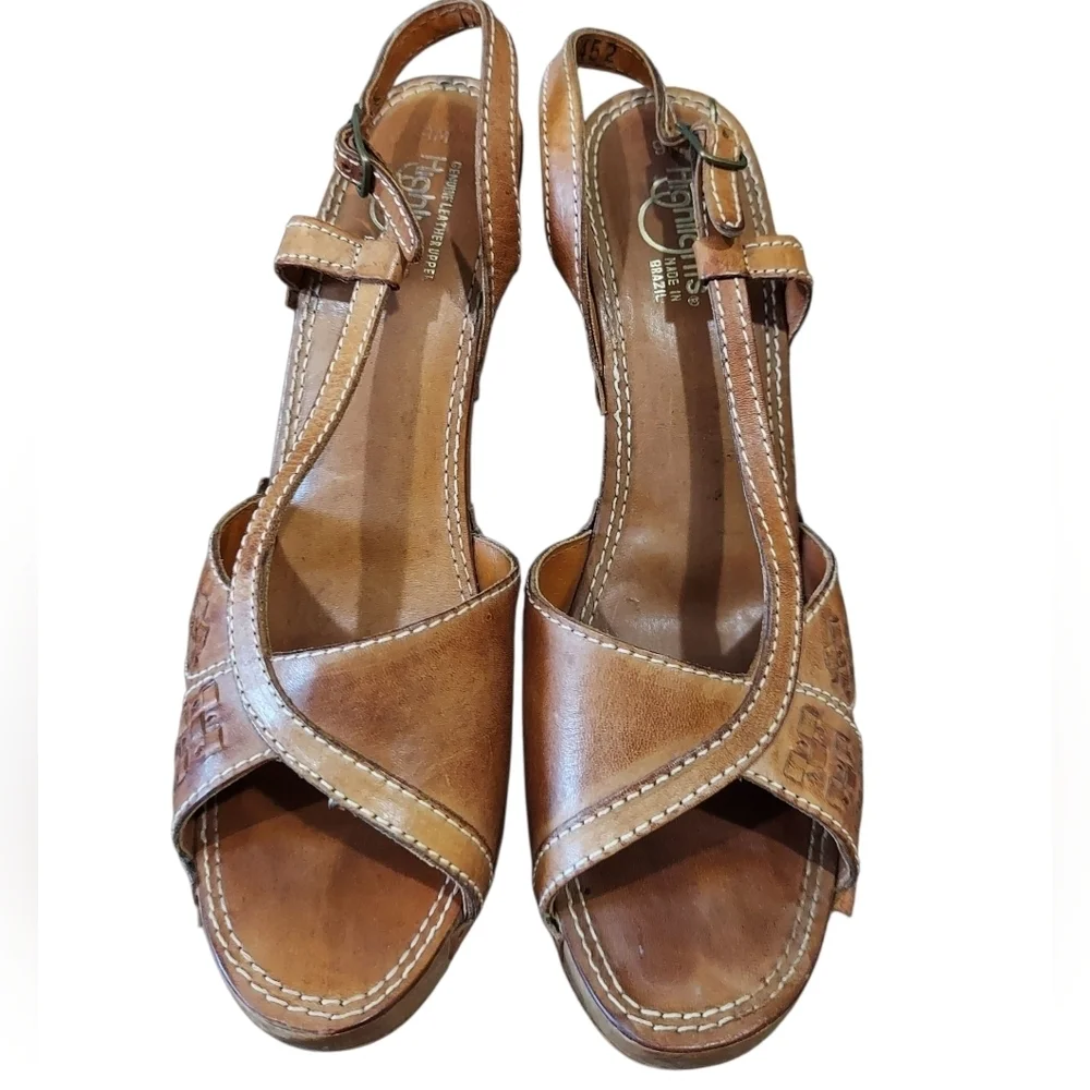 Vintage Woven Leather and Wood Strappy Slingback Highheel Platform Sandal